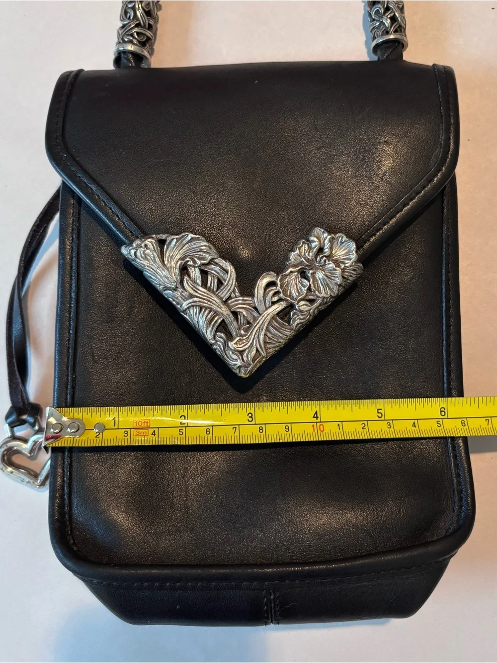 Brighton Vintage Black Leather Crossbody Bag Floral Silver Hardware Heart Purse